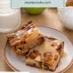 Two slices of apple cake arranged on a plate and topped with dessert sauce. Text overlay includes recipe name.