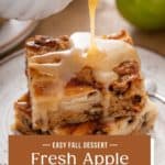 Dessert sauce being poured over two sliced slices of apple cake. Text overlay includes recipe name.