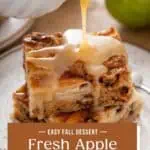 Dessert sauce being poured over two sliced slices of apple cake. Text overlay includes recipe name.
