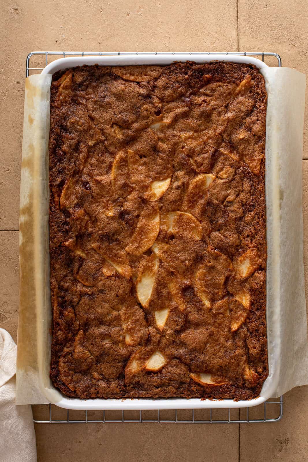 Baked apple cake cooling in a pan.