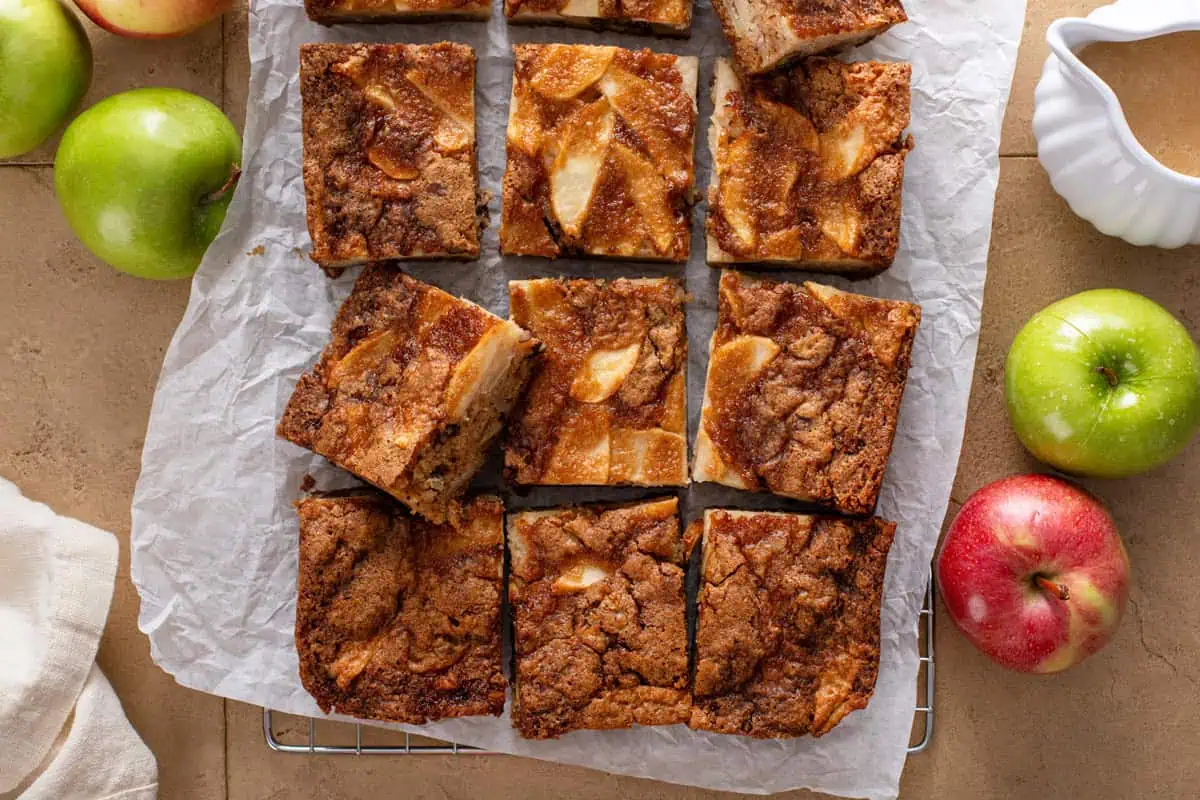 Overhead view of sliced apple cake.