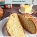 Two slices of pan de muerto on a white plate. Text overlay includes recipe name.