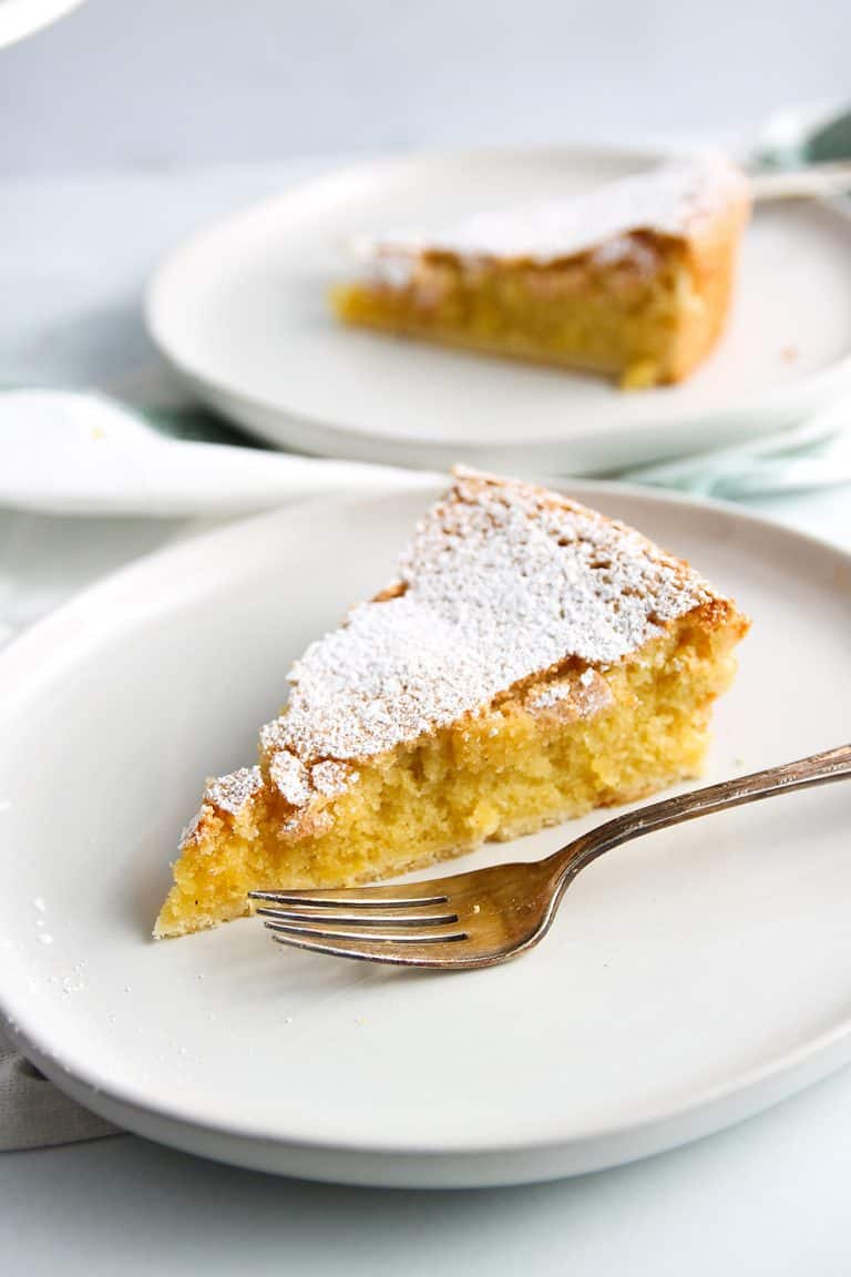 Slice of Galician Almond Tart on a white plate