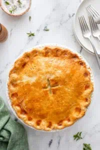 Overhead view of baked chicken pot pie on a marble countertop.