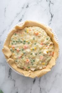Chicken pot pie filling in a pie crust-lined pie plate.