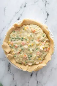 Chicken pot pie filling in a pie crust-lined pie plate.