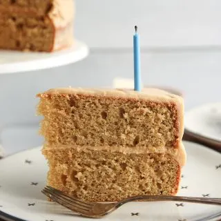 Peanut Butter Cake sandwiches peanut butter cream cheese frosting between two layers of peanut butter cake. It’s the best cake for peanut butter lovers!