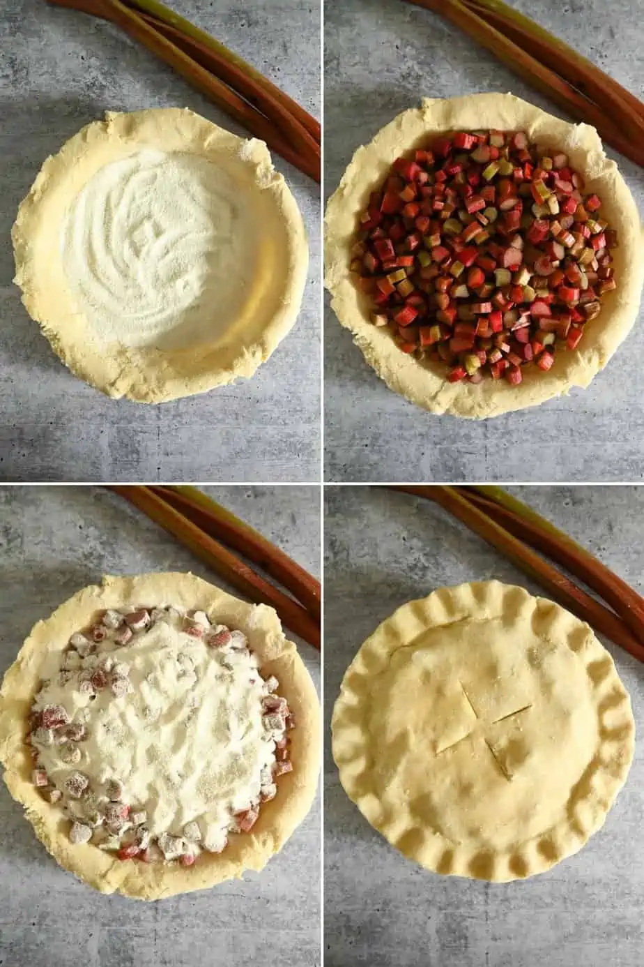 Grid photo showing the process of assembling a rhubarb pie.