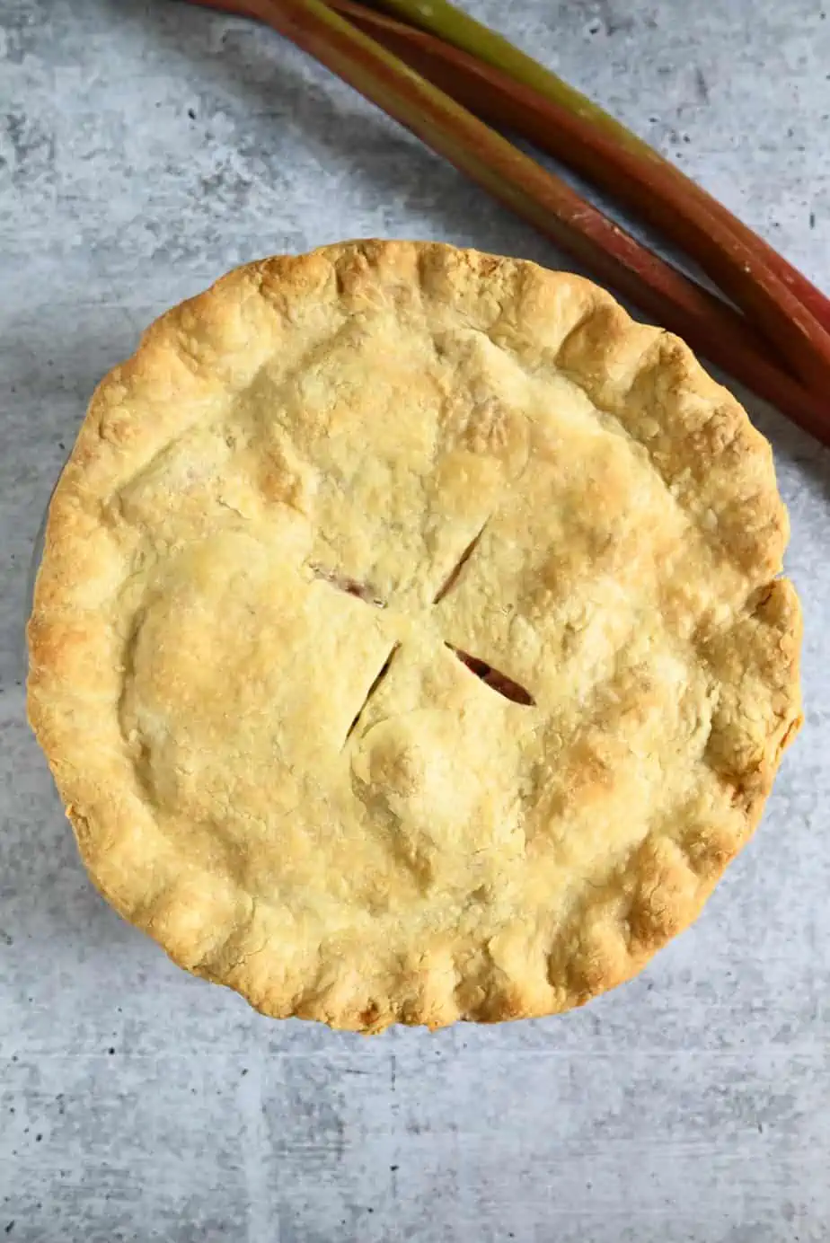 Baked rhubarb pie set on a concrete countertop.