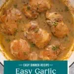 Finished garlic chicken in a skillet. Text overlay includes recipe name.