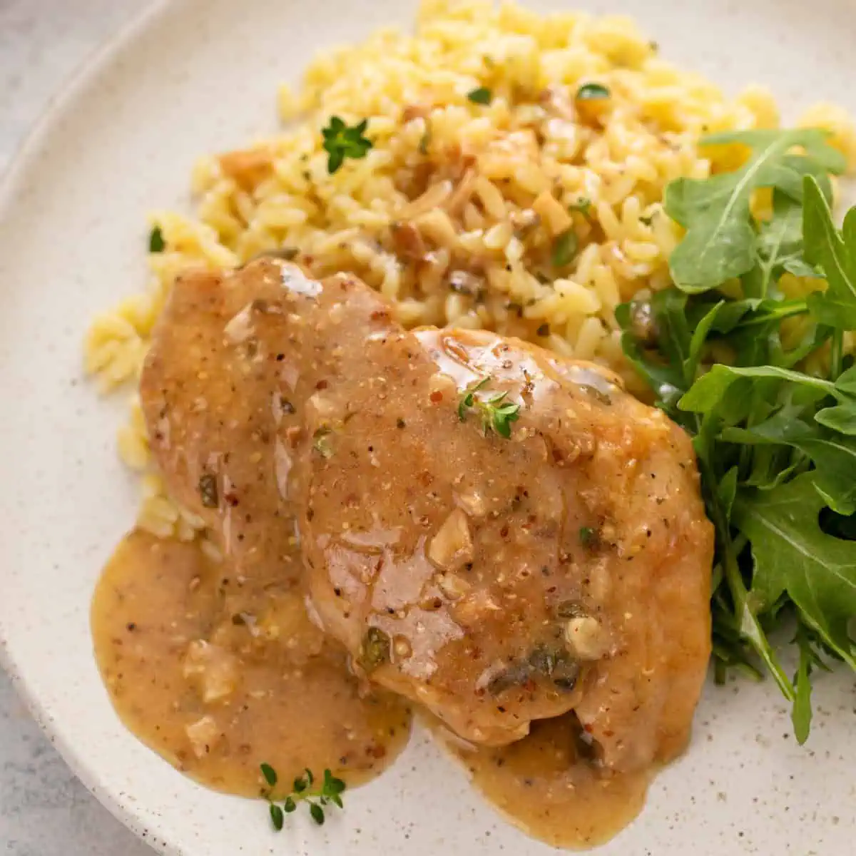Close up of garlic chicken next to orzo and an arugula salad on a plate.