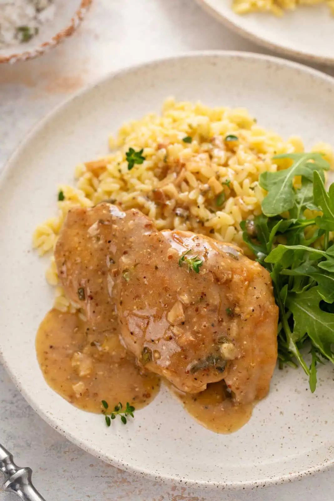 Close up of a garlic chicken thigh topped with sauce and plated next to orzo and an arugula salad.