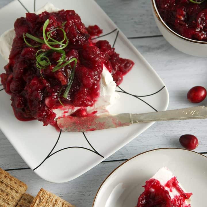 Make Cranberry Cream Cheese Dip as an easy last-minute appetizer with cream cheese and cranberry chutney