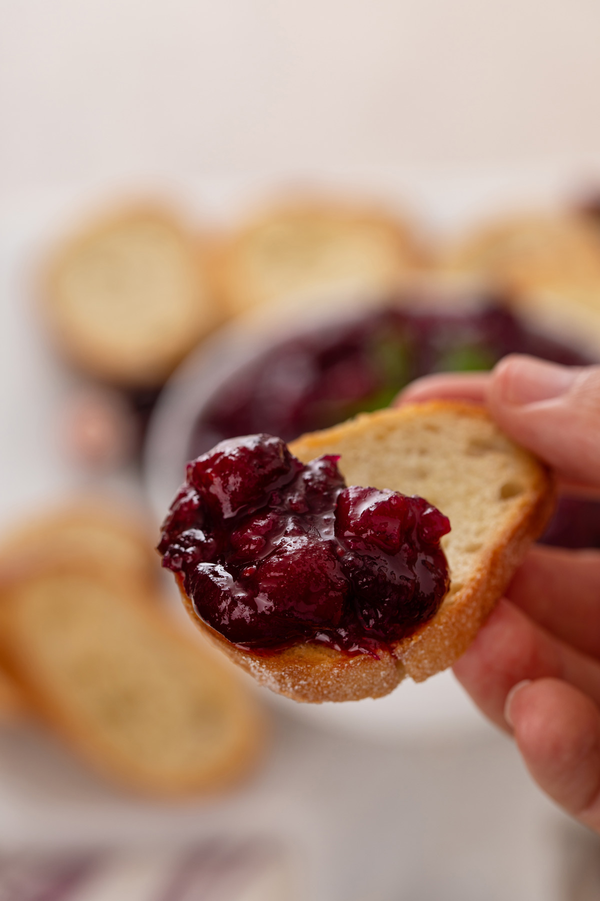 Hand holding up a crostini topped with a dollop of cranberry chutney.