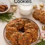 Fruitcake cookies arranged in a circle on a plate. A glass of milk is in the background. Text overlay includes recipe name.