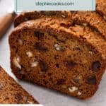 Close up of sliced date nut bread to show the texture of the bread. Text overlay includes recipe name.