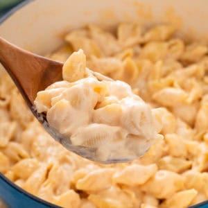 Spoon holding up a spoonful of homemade shells and cheese.