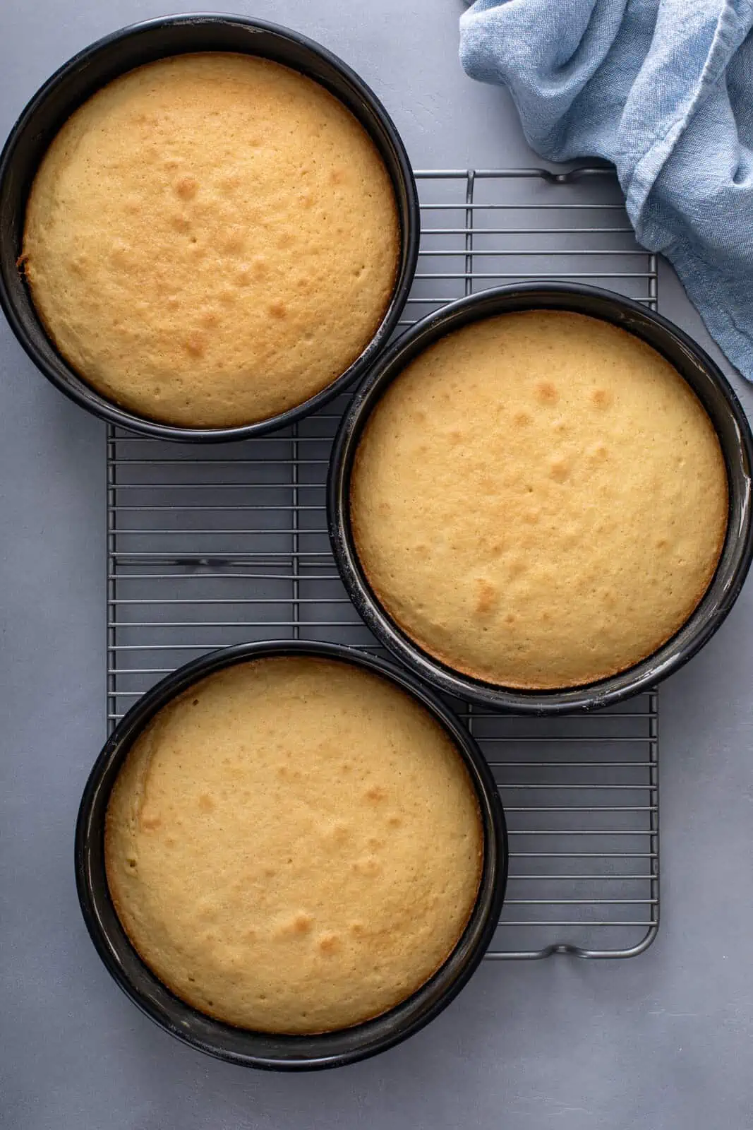 Baked coconut cake layers set on a wire cooling rack.