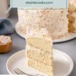 Close up image of a slice of coconut cake on a white plate. Text overlay includes recipe name.