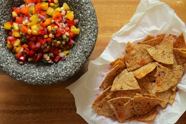Four Pepper and Corn Salsa with Baked Chili Lime Tortilla Chips