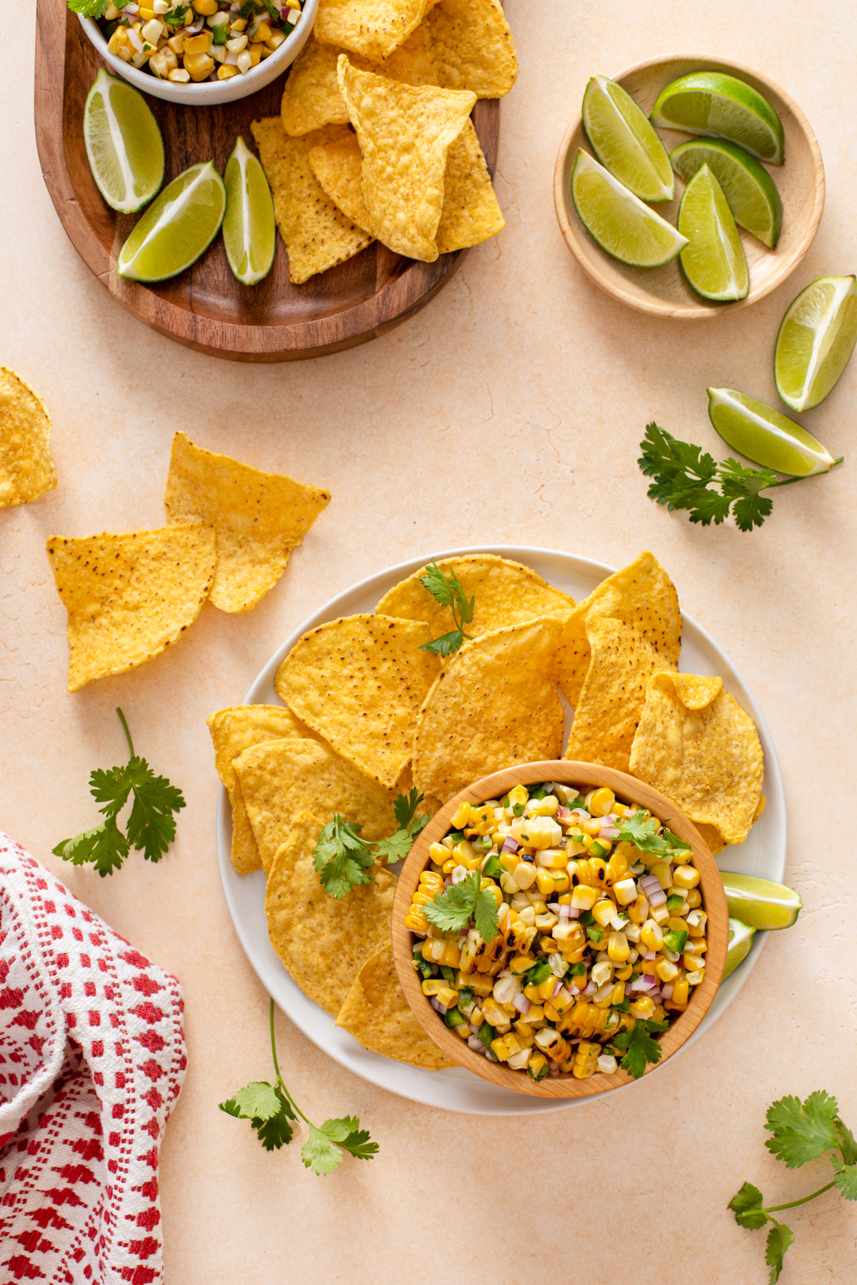 Overhead view of a bowl of roasted corn salsa surrounded by tortilla chips on a white plate.