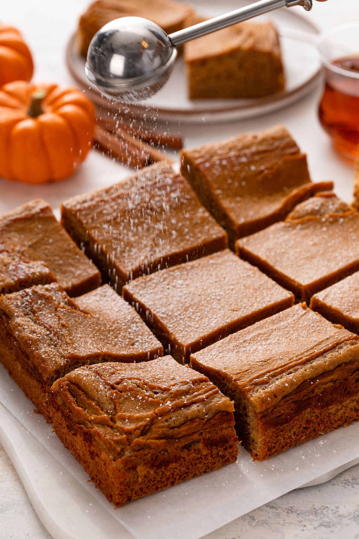 Powdered sugar being dusted over the top of a sliced pumpkin spice cake.