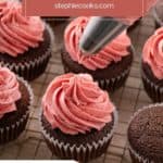 Strawberry buttercream being piped onto chocolate cupcakes. Text overlay includes recipe name.