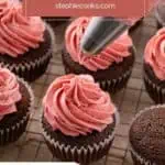 Strawberry buttercream being piped onto chocolate cupcakes. Text overlay includes recipe name.