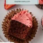 Bite taken from an easy chocolate cupcake topped with strawberry frosting, laying on its side on a white plate. Text overlay includes recipe name.
