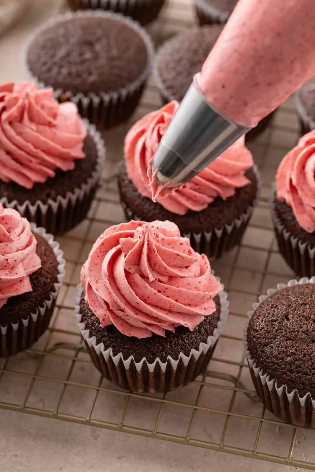 Strawberry buttercream being piped onto chocolate cupcakes.