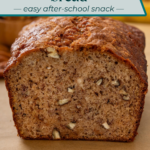 Loaf of banana bread that's been sliced in half to show the moist, dense crumb. Text overlay includes recipe name.