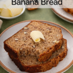 Two slices of bisquick banana bread stacked on a plate with a bite taken from the corner of the top slice. Text overlay includes recipe name.