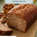 Sliced loaf of biquick banana bread on a piece of parchment paper. Text overlay includes recipe name.