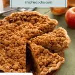 Sliced dutch apple pie with a slice removed. Text overlay includes recipe name.