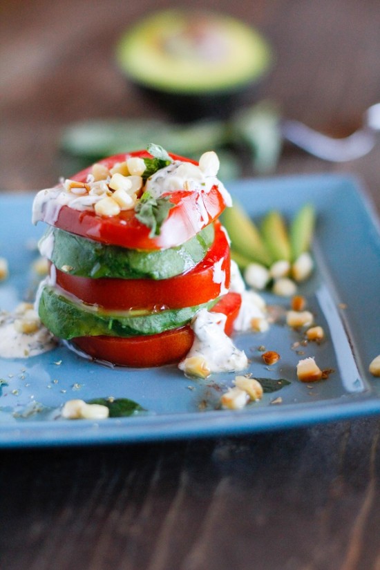 Tomato Stack Salad with Corn and Avocado