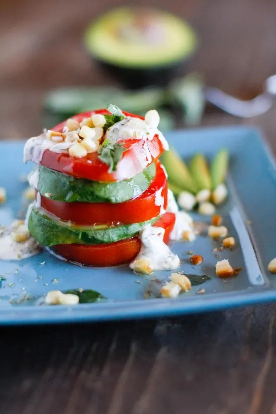Tomato Stack Salad with Corn and Avocado