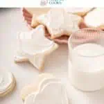 Several no chill sugar cookies scattered on a countertop next to a glass of milk. Text overlay includes recipe name.