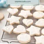 Frosted no chill sugar cookies on a wire rack. Text overlay includes recipe name.
