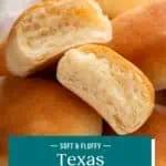 Close up of halved Texas roadhouse roll in a bread basket. Text overlay includes recipe name.
