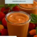 Close up of a jar filled with roasted tomato sauce, with fresh tomatoes and herbs in the background. Text overlay includes recipe name.