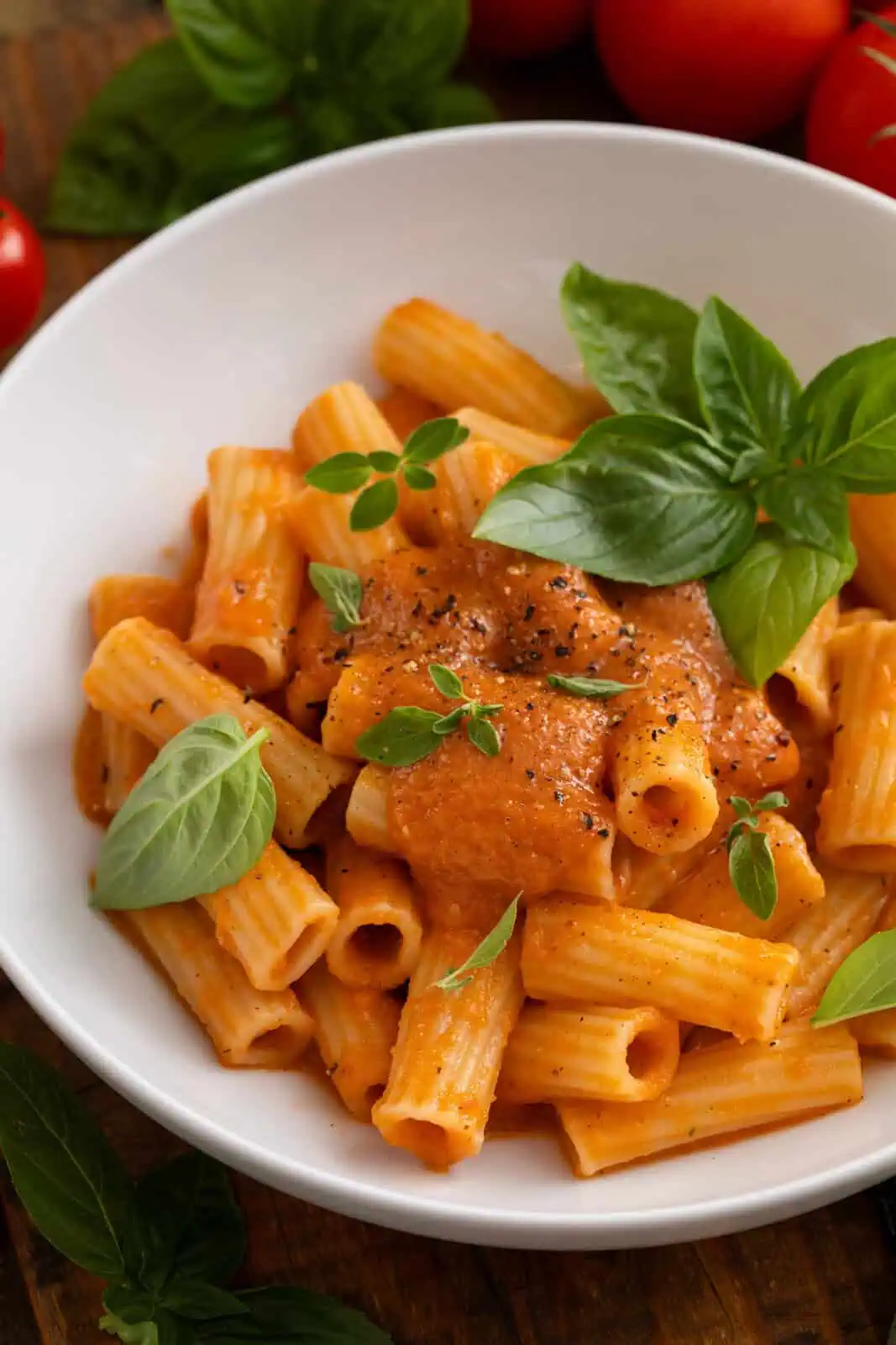 Close up of rigatoni tossed with roasted tomato sauce and garnished with basil in a white bowl.