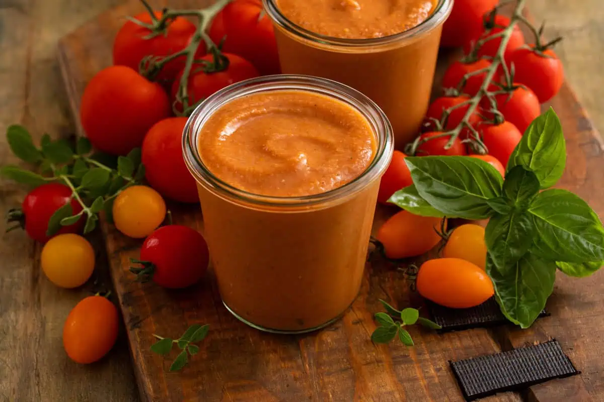 Jar filled with roasted tomato sauce surrounded by fresh tomatoes and herbs.