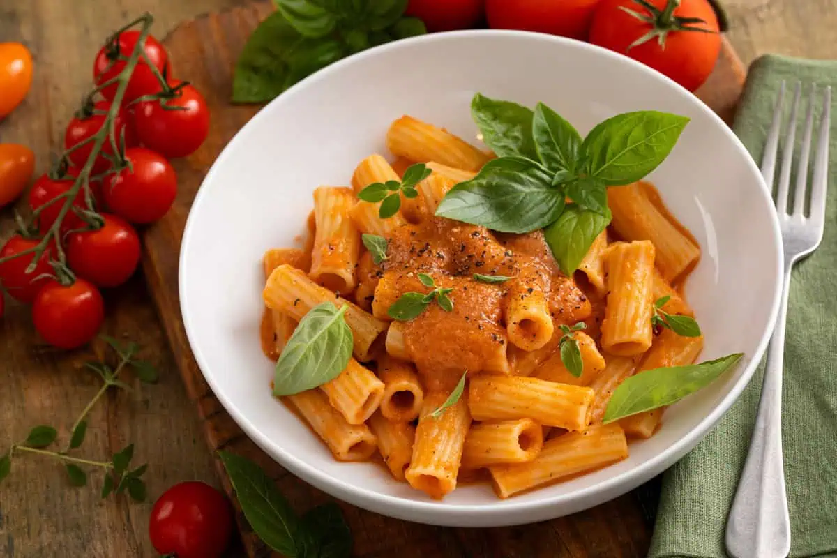 White bowl filled with pasta tossed in roasted tomato sauce.