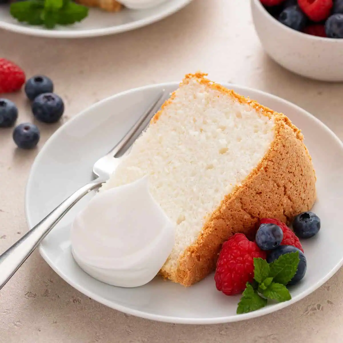 Plated slice of angel food cake.