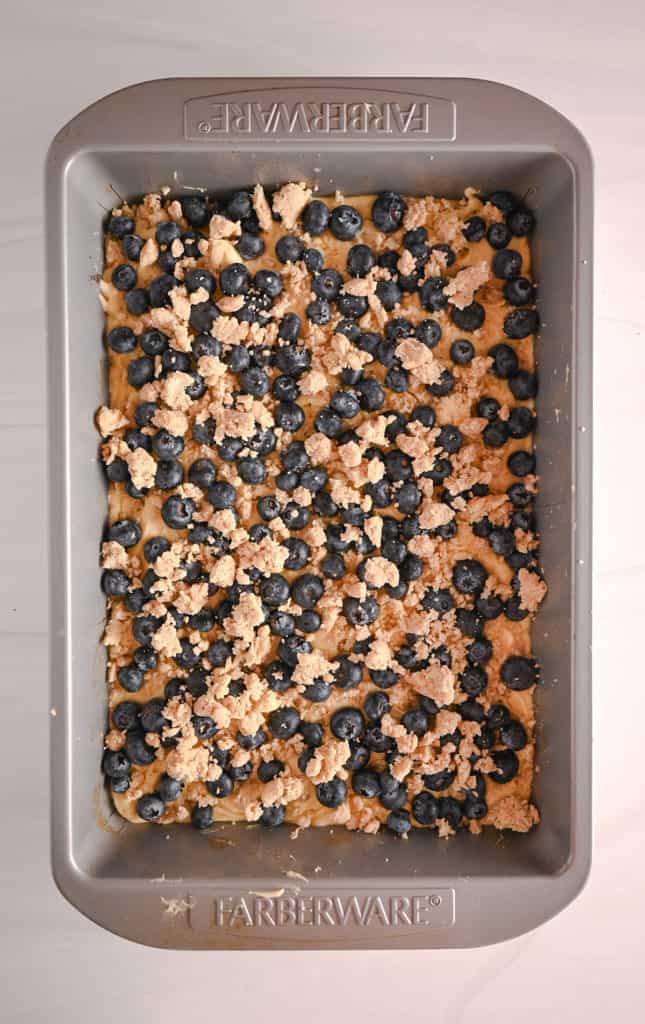 Unbaked blueberry crumb cake in a metal cake pan, ready to go in the oven