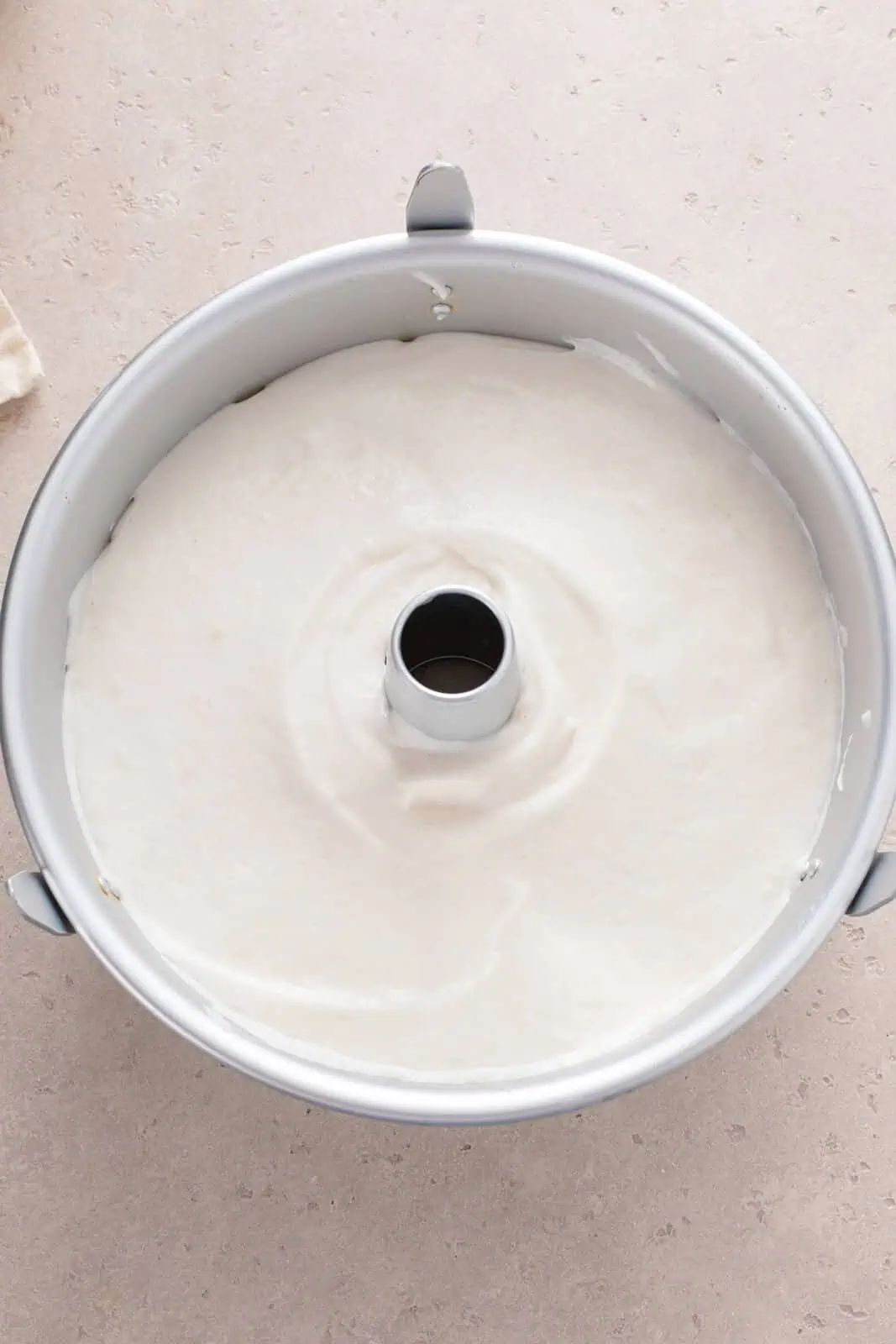 Unbaked angel food cake ready to go in the oven.