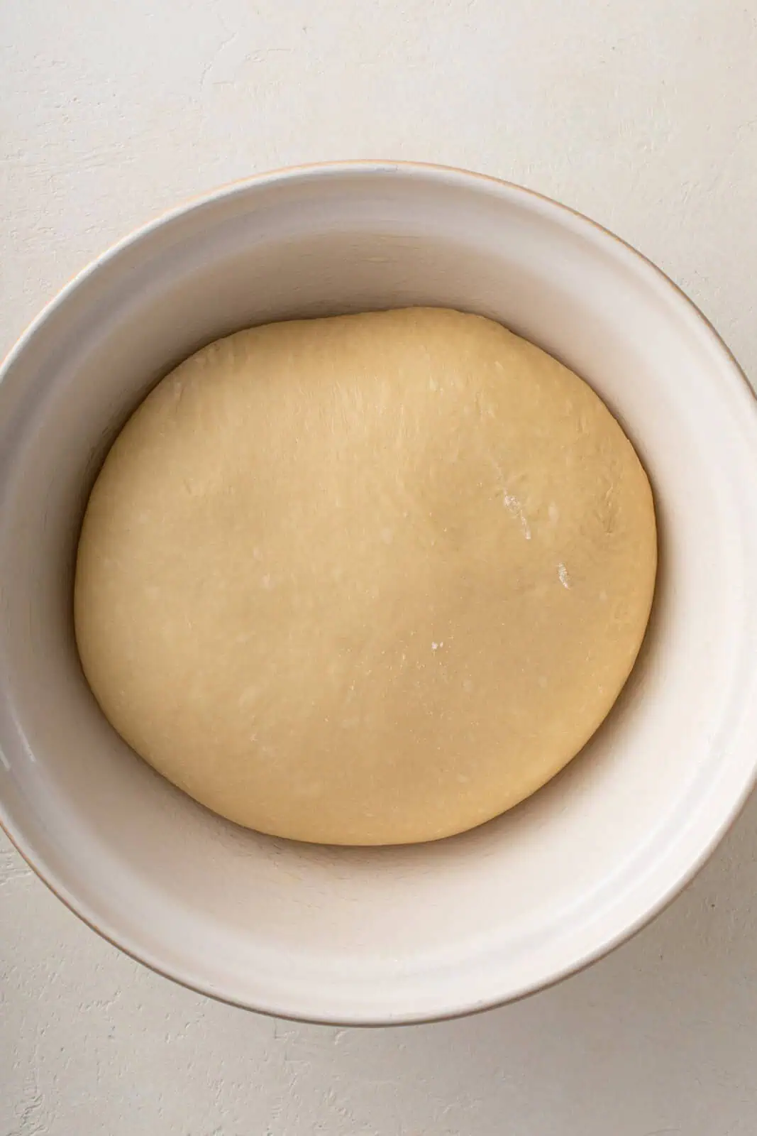 Kneaded paska dough in a white bowl, ready to rise.