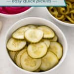 Three white bowls filled with pickled cucumbers, pickled red onion, and pickled green peppers. Text overlay includes recipe name.