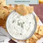 Two pita chips along the edge of a bowl of homemade tzatziki. The bowl is surrounded by pita chips. Text overlay includes recipe name.