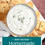 Overhead view of a Bowl of homemade tzatziki on a marble platter, surrounded by pita chips. Text overlay includes recipe name.